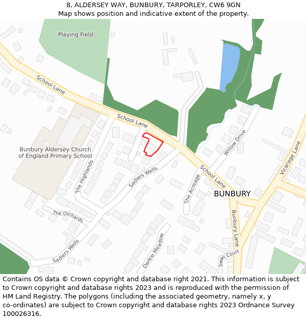 8, ALDERSEY WAY, BUNBURY, TARPORLEY, CW6 9GN: Location map and indicative extent of plot