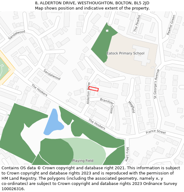 8, ALDERTON DRIVE, WESTHOUGHTON, BOLTON, BL5 2JD: Location map and indicative extent of plot