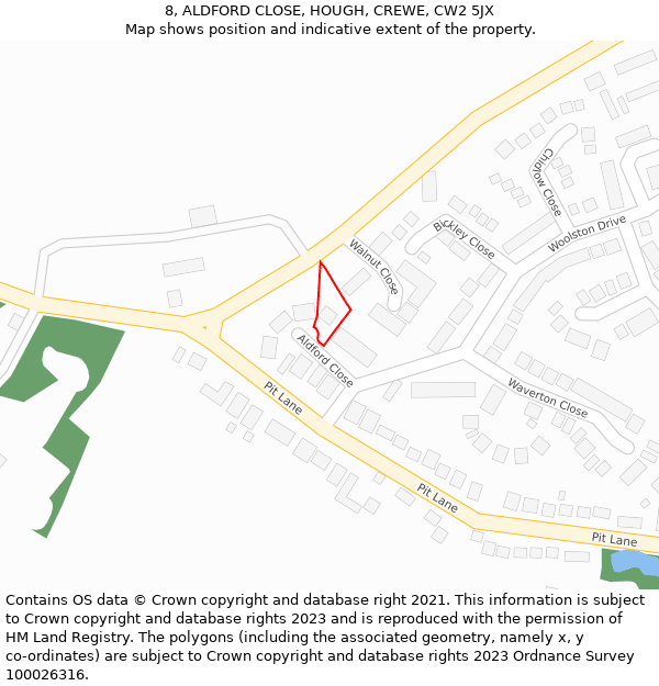 8, ALDFORD CLOSE, HOUGH, CREWE, CW2 5JX: Location map and indicative extent of plot