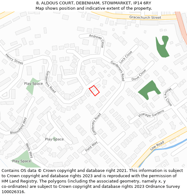 8, ALDOUS COURT, DEBENHAM, STOWMARKET, IP14 6RY: Location map and indicative extent of plot