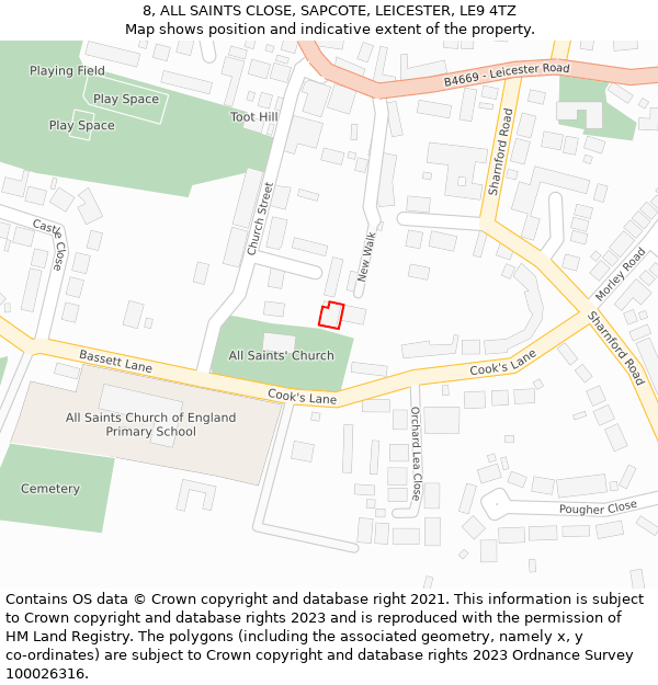 8, ALL SAINTS CLOSE, SAPCOTE, LEICESTER, LE9 4TZ: Location map and indicative extent of plot