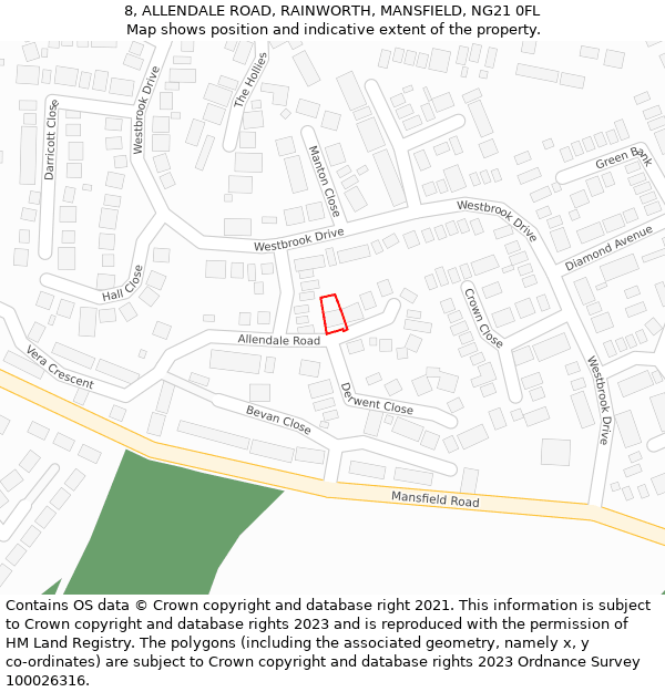 8, ALLENDALE ROAD, RAINWORTH, MANSFIELD, NG21 0FL: Location map and indicative extent of plot