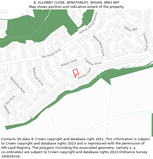 8, ALLONBY CLOSE, WINSTANLEY, WIGAN, WN3 6NT: Location map and indicative extent of plot