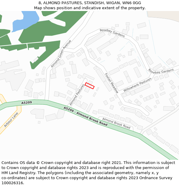 8, ALMOND PASTURES, STANDISH, WIGAN, WN6 0GG: Location map and indicative extent of plot