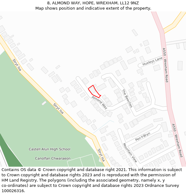 8, ALMOND WAY, HOPE, WREXHAM, LL12 9NZ: Location map and indicative extent of plot