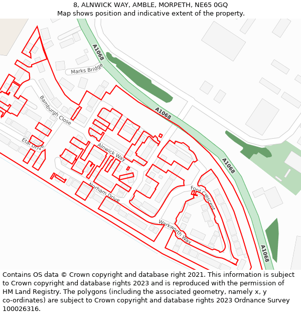 8, ALNWICK WAY, AMBLE, MORPETH, NE65 0GQ: Location map and indicative extent of plot