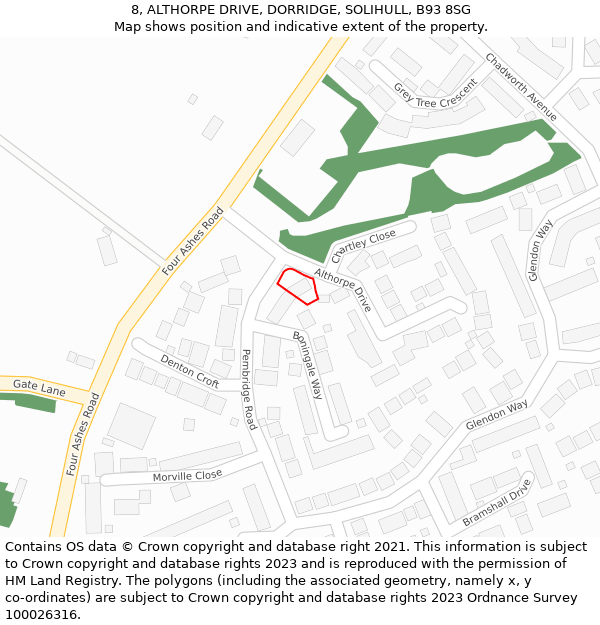 8, ALTHORPE DRIVE, DORRIDGE, SOLIHULL, B93 8SG: Location map and indicative extent of plot