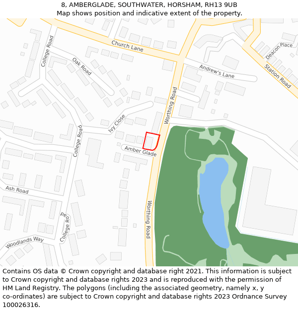 8, AMBERGLADE, SOUTHWATER, HORSHAM, RH13 9UB: Location map and indicative extent of plot