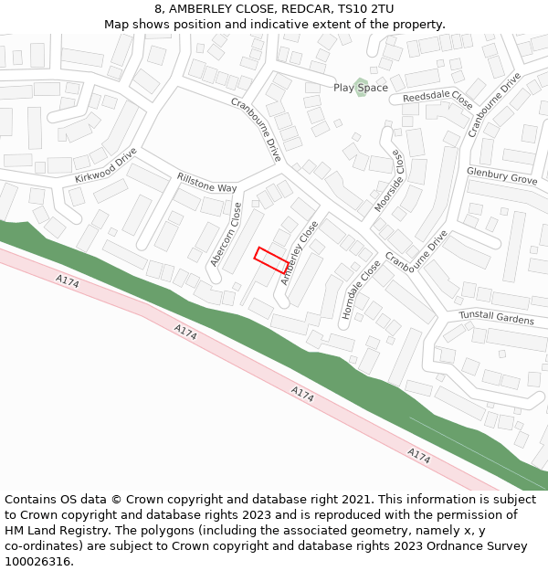 8, AMBERLEY CLOSE, REDCAR, TS10 2TU: Location map and indicative extent of plot