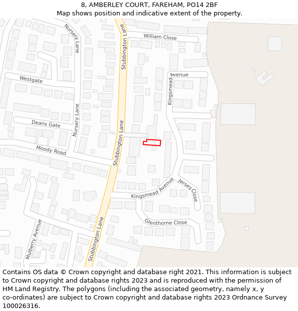 8, AMBERLEY COURT, FAREHAM, PO14 2BF: Location map and indicative extent of plot