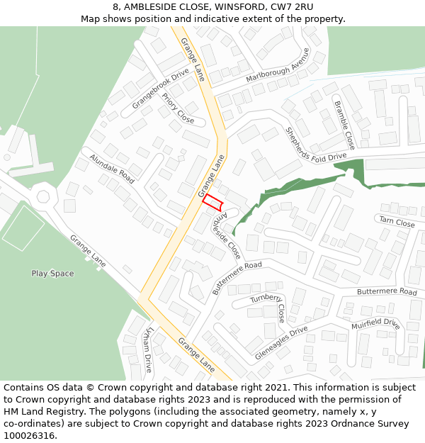 8, AMBLESIDE CLOSE, WINSFORD, CW7 2RU: Location map and indicative extent of plot