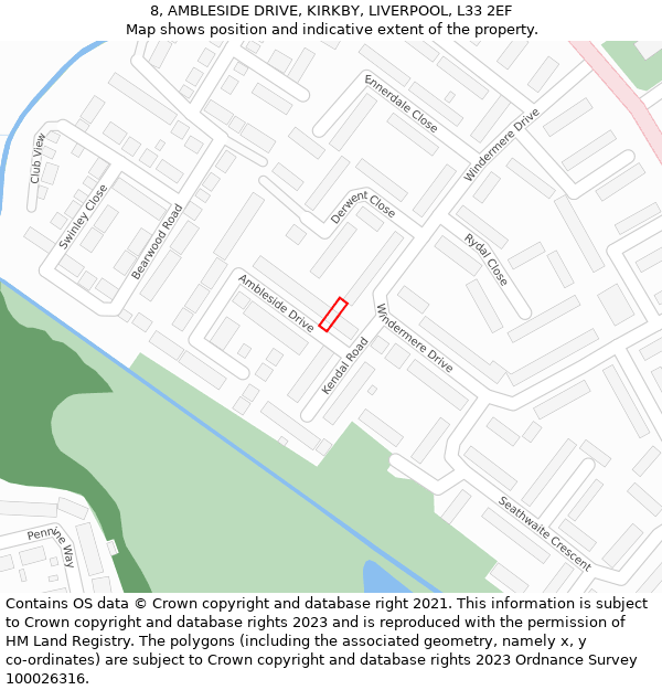 8, AMBLESIDE DRIVE, KIRKBY, LIVERPOOL, L33 2EF: Location map and indicative extent of plot