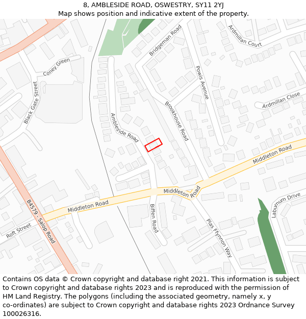 8, AMBLESIDE ROAD, OSWESTRY, SY11 2YJ: Location map and indicative extent of plot