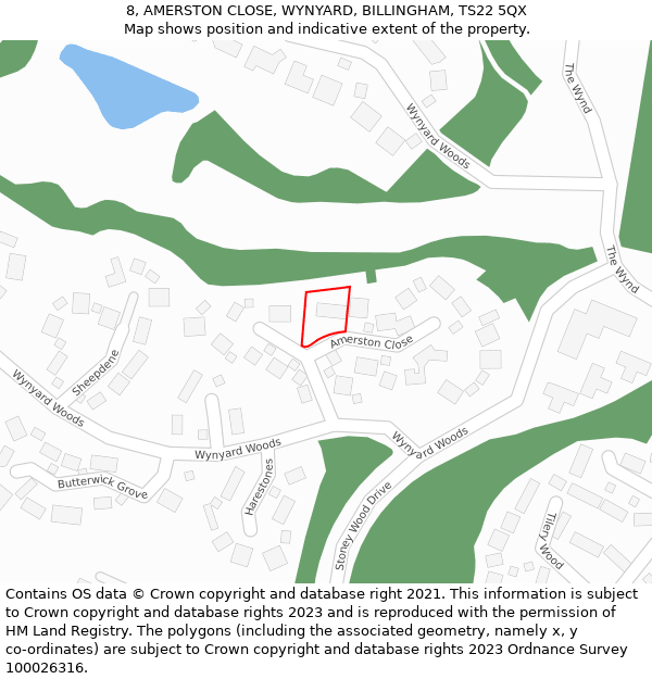 8, AMERSTON CLOSE, WYNYARD, BILLINGHAM, TS22 5QX: Location map and indicative extent of plot