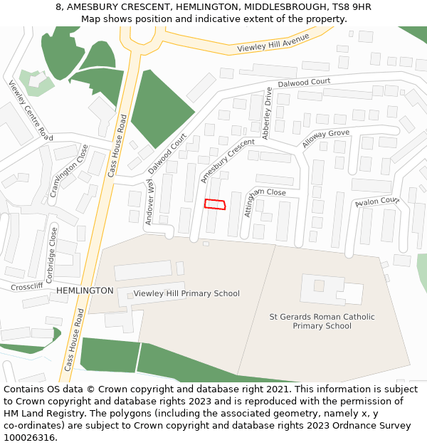 8, AMESBURY CRESCENT, HEMLINGTON, MIDDLESBROUGH, TS8 9HR: Location map and indicative extent of plot