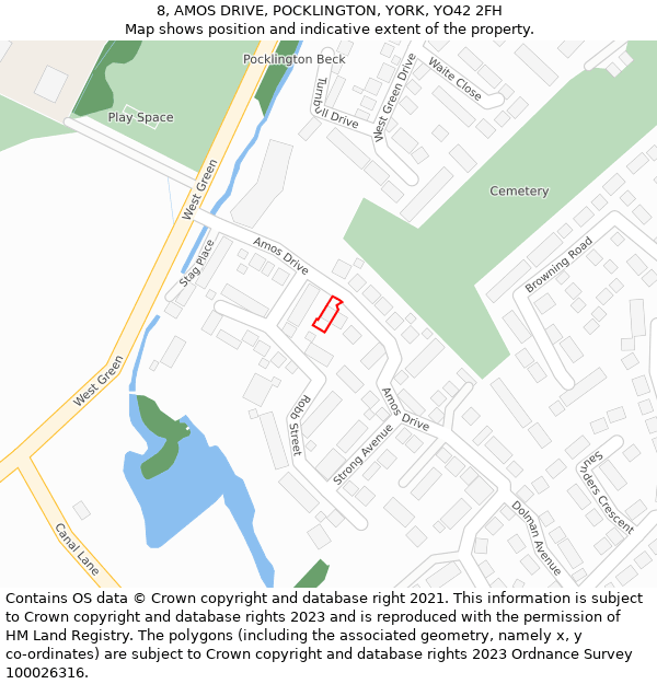 8, AMOS DRIVE, POCKLINGTON, YORK, YO42 2FH: Location map and indicative extent of plot