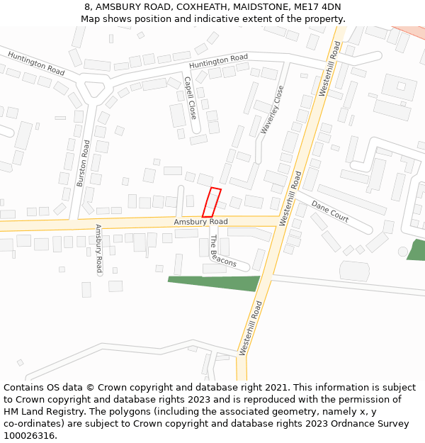 8, AMSBURY ROAD, COXHEATH, MAIDSTONE, ME17 4DN: Location map and indicative extent of plot