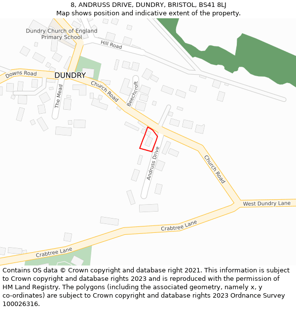 8, ANDRUSS DRIVE, DUNDRY, BRISTOL, BS41 8LJ: Location map and indicative extent of plot