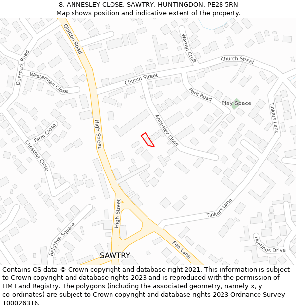 8, ANNESLEY CLOSE, SAWTRY, HUNTINGDON, PE28 5RN: Location map and indicative extent of plot