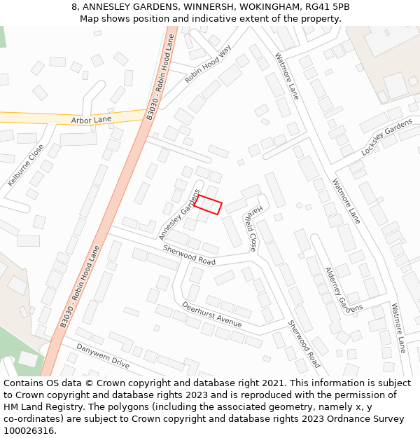 8, ANNESLEY GARDENS, WINNERSH, WOKINGHAM, RG41 5PB: Location map and indicative extent of plot