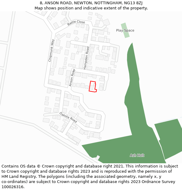 8, ANSON ROAD, NEWTON, NOTTINGHAM, NG13 8ZJ: Location map and indicative extent of plot