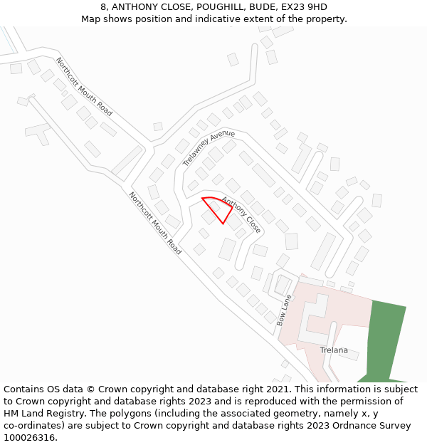 8, ANTHONY CLOSE, POUGHILL, BUDE, EX23 9HD: Location map and indicative extent of plot