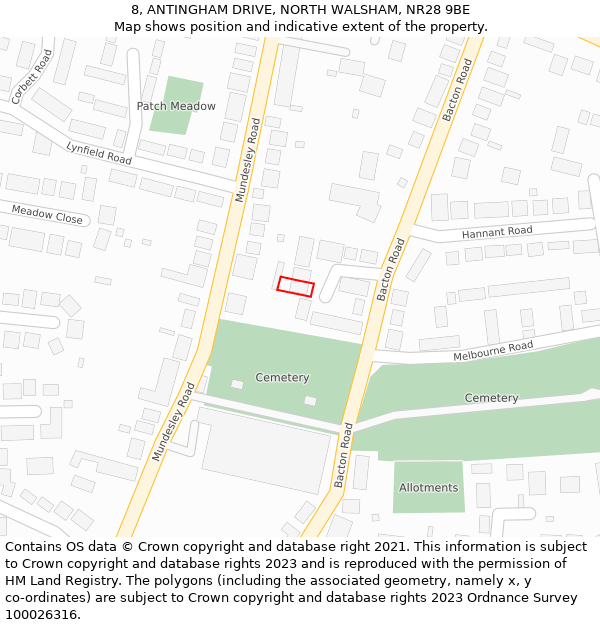 8, ANTINGHAM DRIVE, NORTH WALSHAM, NR28 9BE: Location map and indicative extent of plot