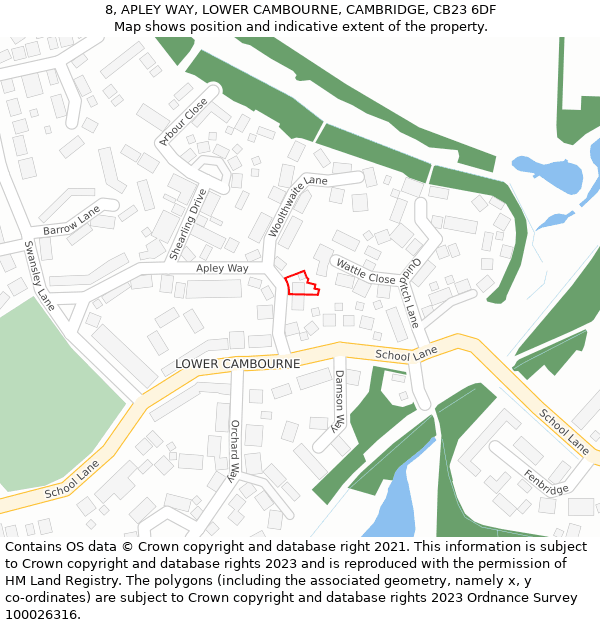 8, APLEY WAY, LOWER CAMBOURNE, CAMBRIDGE, CB23 6DF: Location map and indicative extent of plot