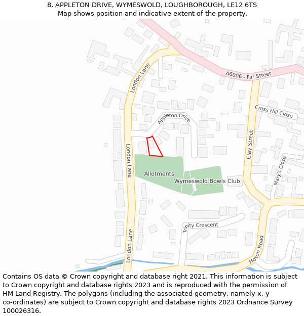 8, APPLETON DRIVE, WYMESWOLD, LOUGHBOROUGH, LE12 6TS: Location map and indicative extent of plot