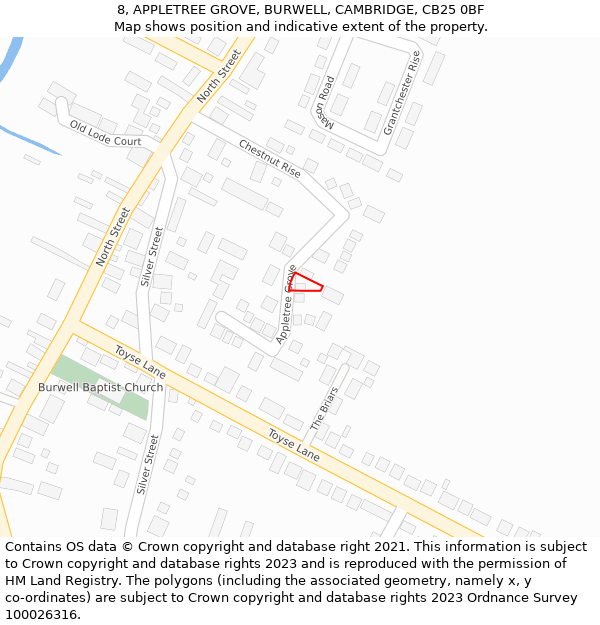 8, APPLETREE GROVE, BURWELL, CAMBRIDGE, CB25 0BF: Location map and indicative extent of plot