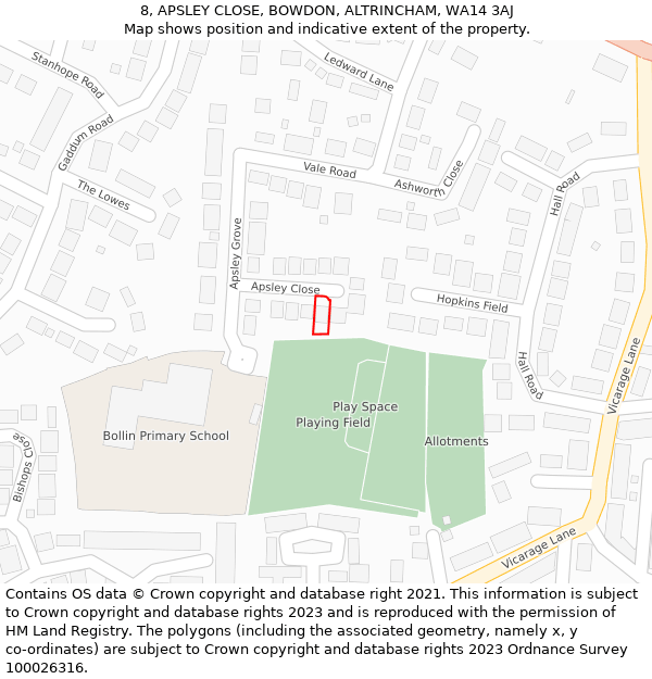 8, APSLEY CLOSE, BOWDON, ALTRINCHAM, WA14 3AJ: Location map and indicative extent of plot