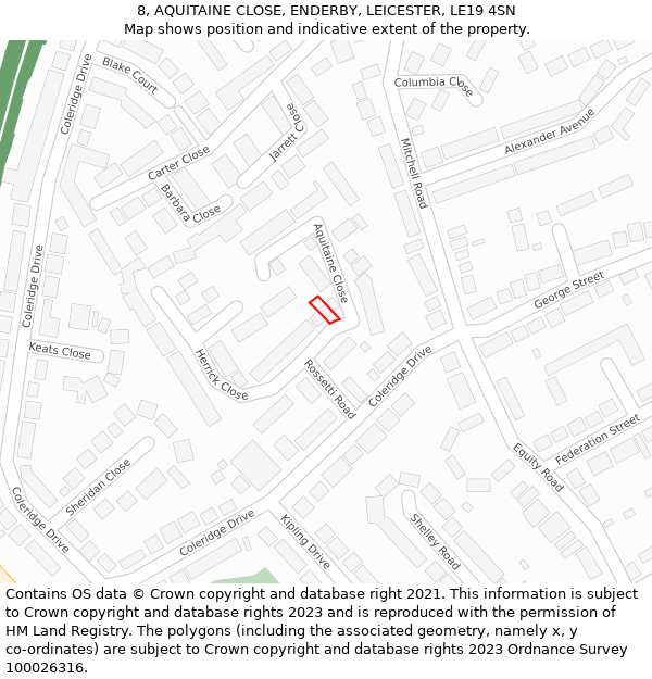 8, AQUITAINE CLOSE, ENDERBY, LEICESTER, LE19 4SN: Location map and indicative extent of plot