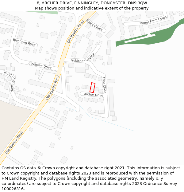 8, ARCHER DRIVE, FINNINGLEY, DONCASTER, DN9 3QW: Location map and indicative extent of plot