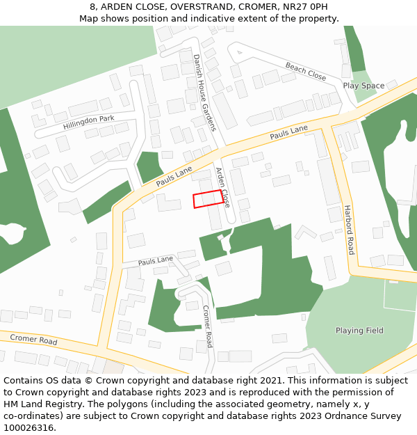 8, ARDEN CLOSE, OVERSTRAND, CROMER, NR27 0PH: Location map and indicative extent of plot