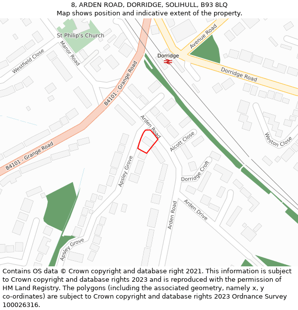 8, ARDEN ROAD, DORRIDGE, SOLIHULL, B93 8LQ: Location map and indicative extent of plot