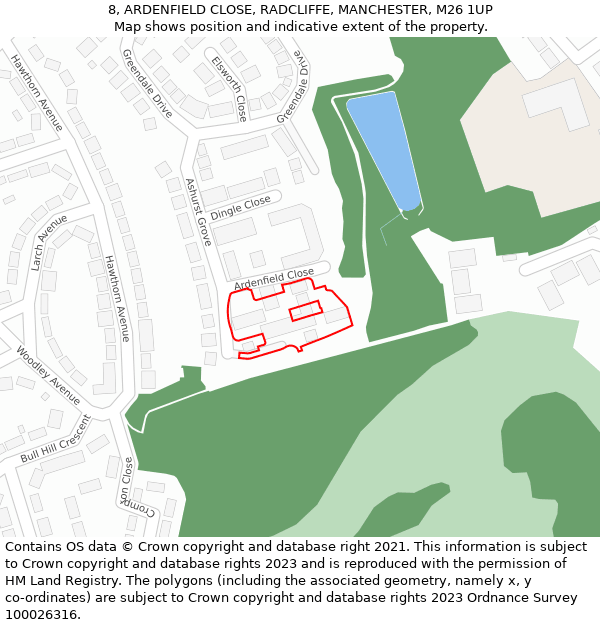 8, ARDENFIELD CLOSE, RADCLIFFE, MANCHESTER, M26 1UP: Location map and indicative extent of plot