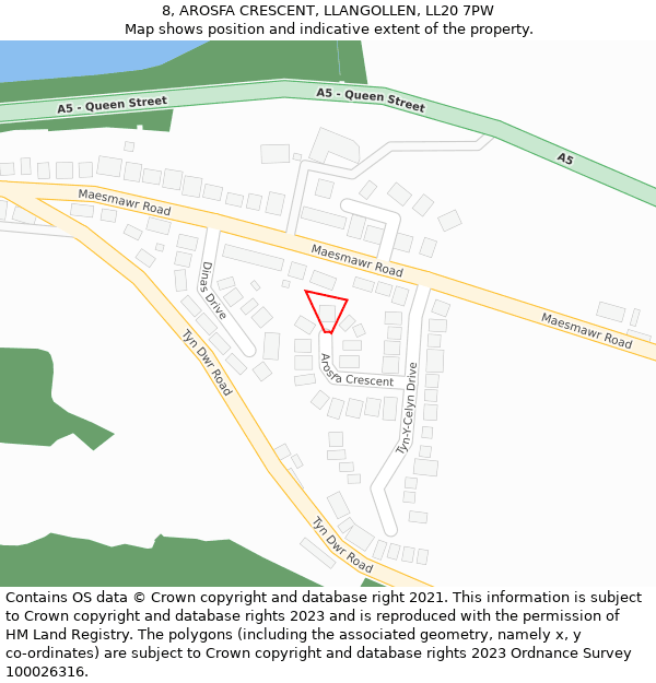 8, AROSFA CRESCENT, LLANGOLLEN, LL20 7PW: Location map and indicative extent of plot