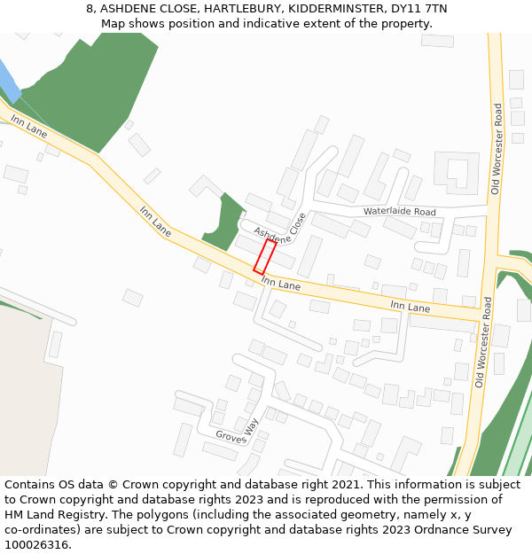 8, ASHDENE CLOSE, HARTLEBURY, KIDDERMINSTER, DY11 7TN: Location map and indicative extent of plot