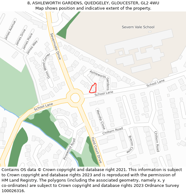 8, ASHLEWORTH GARDENS, QUEDGELEY, GLOUCESTER, GL2 4WU: Location map and indicative extent of plot