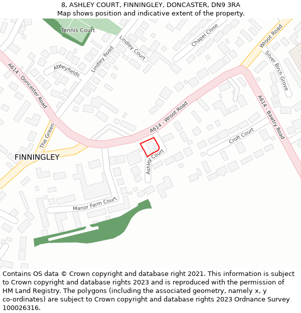 8, ASHLEY COURT, FINNINGLEY, DONCASTER, DN9 3RA: Location map and indicative extent of plot