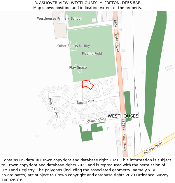 8, ASHOVER VIEW, WESTHOUSES, ALFRETON, DE55 5AR: Location map and indicative extent of plot