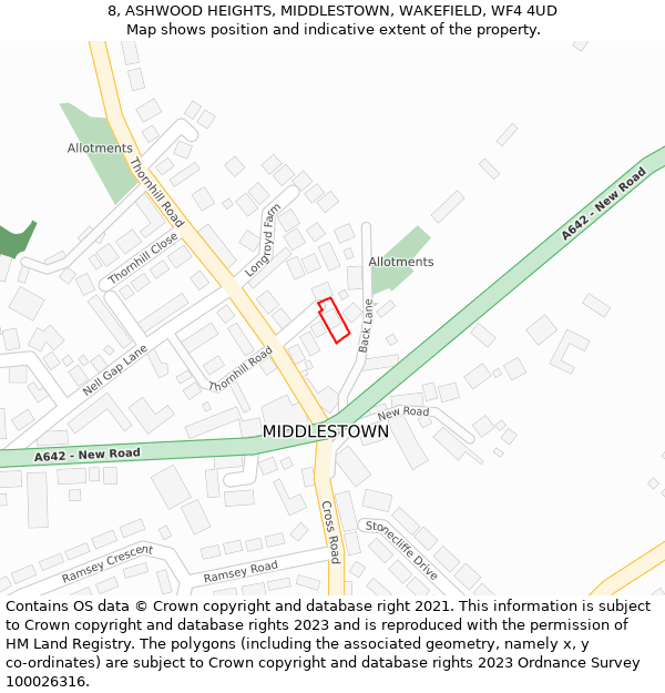 8, ASHWOOD HEIGHTS, MIDDLESTOWN, WAKEFIELD, WF4 4UD: Location map and indicative extent of plot