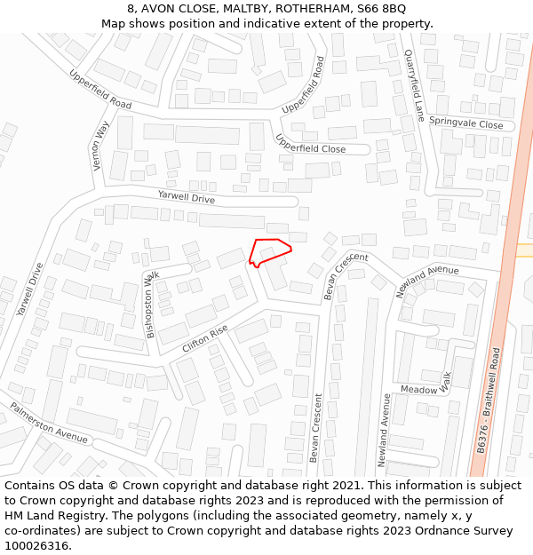 8, AVON CLOSE, MALTBY, ROTHERHAM, S66 8BQ: Location map and indicative extent of plot