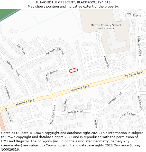 8, AVONDALE CRESCENT, BLACKPOOL, FY4 5AS: Location map and indicative extent of plot