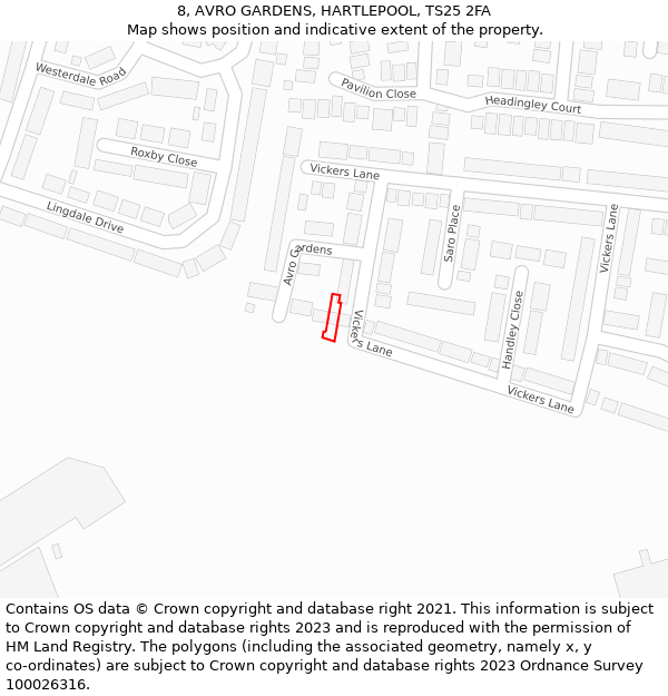 8, AVRO GARDENS, HARTLEPOOL, TS25 2FA: Location map and indicative extent of plot