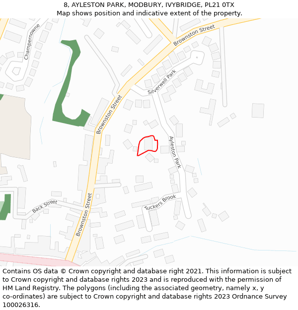 8, AYLESTON PARK, MODBURY, IVYBRIDGE, PL21 0TX: Location map and indicative extent of plot