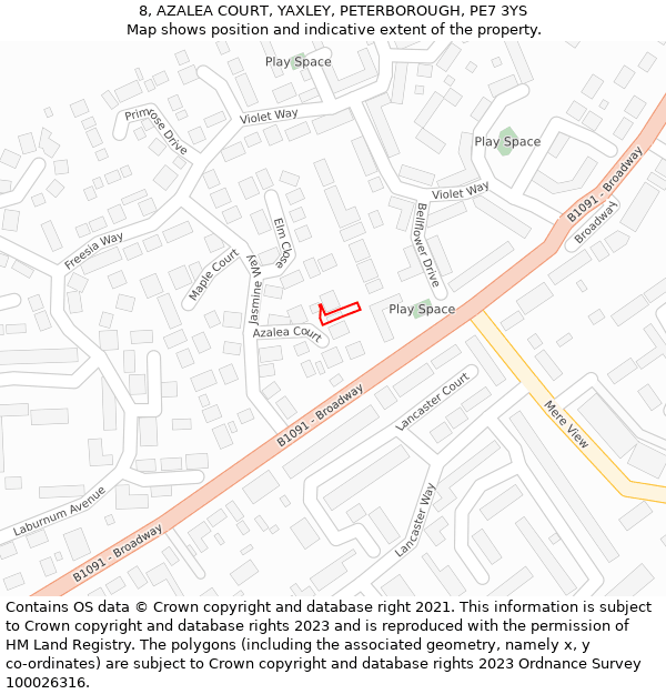 8, AZALEA COURT, YAXLEY, PETERBOROUGH, PE7 3YS: Location map and indicative extent of plot