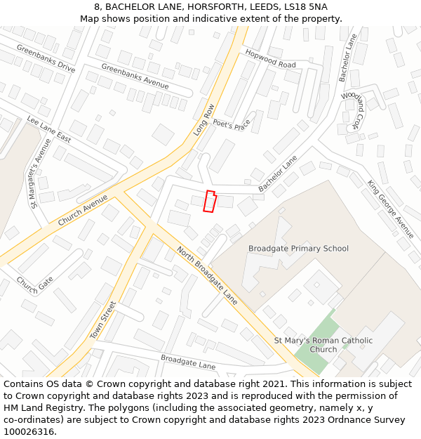 8, BACHELOR LANE, HORSFORTH, LEEDS, LS18 5NA: Location map and indicative extent of plot