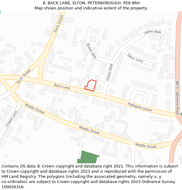 8, BACK LANE, ELTON, PETERBOROUGH, PE8 6RH: Location map and indicative extent of plot