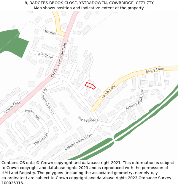 8, BADGERS BROOK CLOSE, YSTRADOWEN, COWBRIDGE, CF71 7TY: Location map and indicative extent of plot